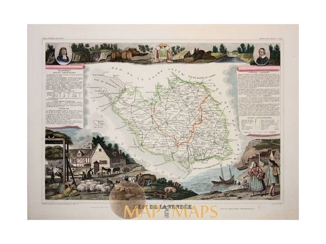 Vendée, Dipartimento La Vendée Francia, mappa antica Levasseur 1856