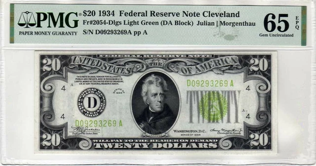 Fr.2054-Dlgs $20 1934 Cleveland Light Green Seal FRN PMG GEM 65 EPQ