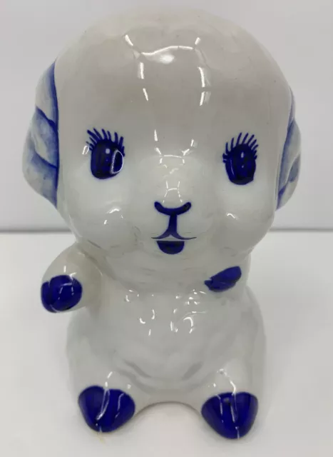 Vintage Lamb Sheep Ceramic Piggy Bank Nursery Decor 6” Tall Blue White