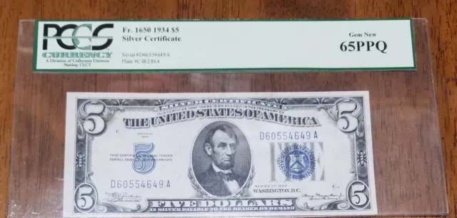 1934 Plain $5 Silver Certificate PCGS Gem New CU 65PPQ #D60554649A Blue seal