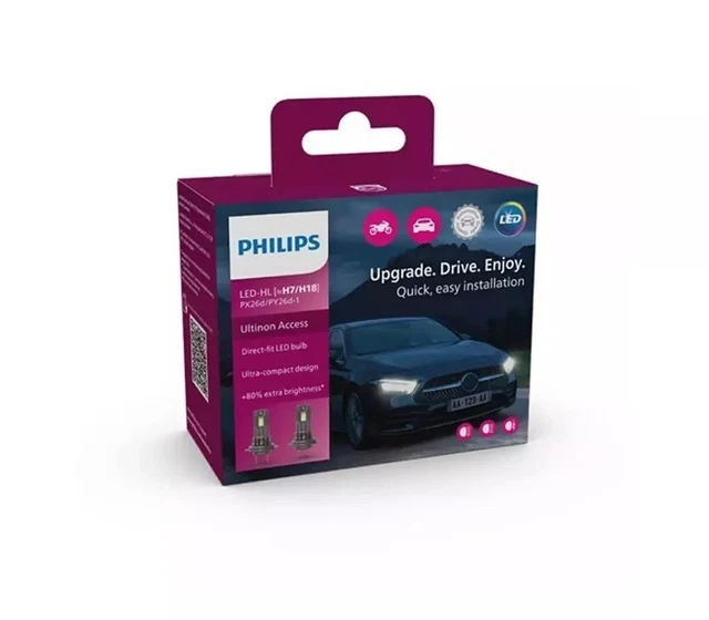 Lampadine LED Philips Ultinon Access H7 Per Fari Auto - +80% Luminosità, 6000K Luce Bianca, Set Di 2, Plug & Play