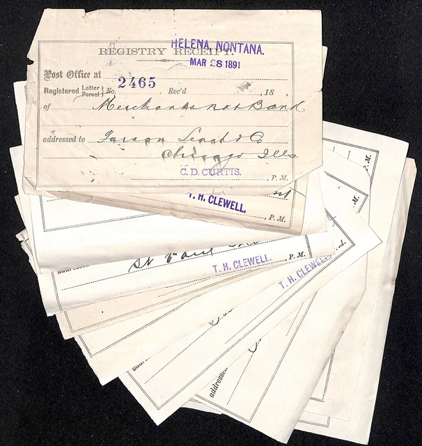 HELENA MONTANA (GROUP of 10) 1891 Post Office Registry Receipt