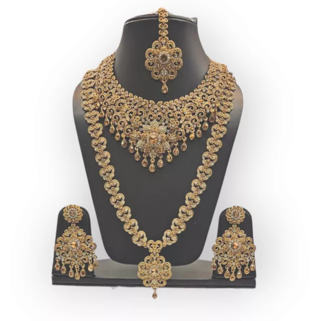 Indian Bridal 9 Piece Jewellery Wedding Set In Gold Long MALA. Gold Crystal