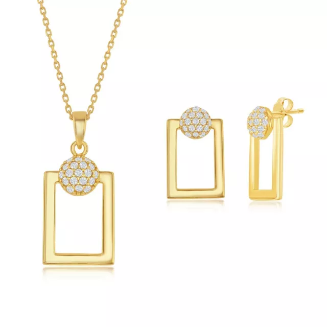 Silver Round Micro Pave CZ Open Rectangle Pendant & Earrings Set W/Chain