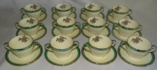 Spode England Jasmine Silver Rose Set of 12 Bouillon Cups & Saucers
