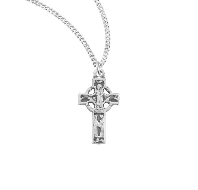 Sterling Silver Engraved Image Irish Celtic Cross Pendant Necklace, 18 In