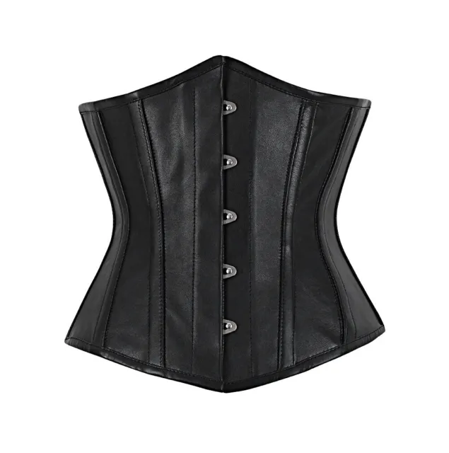 Black Leather Underbust Corset Full Steel Boned Spiral Lacing Basque Sexy Shaper