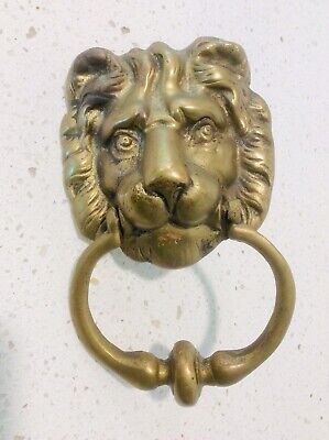 VINTAGE BRASS LION HEAD GOLD DOOR KNOCKER w HARDWARE 8”x5”