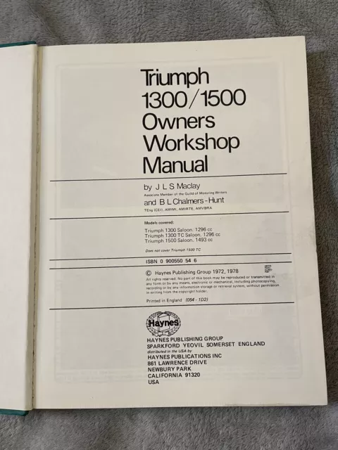 Haynes Triumph 1300 & 1500 Owners Workshop Manual 2