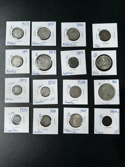 NICE World Foreign Silver Coin Lot - 1862-1964 16 Coins.  Some Rare.