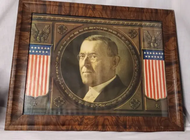 1917 28th President Woodrow Wilson Wood Framed WWI Poster Patriotic Flags