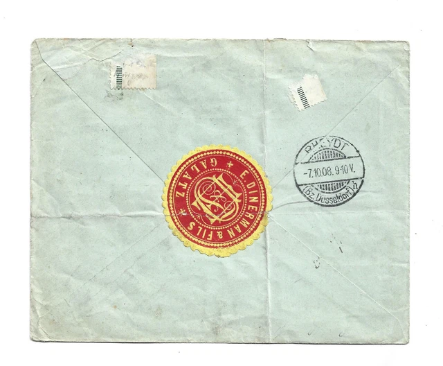 1908 Romania Registered Advertise Cover To Germany - Galati Forestry Label Verso 2