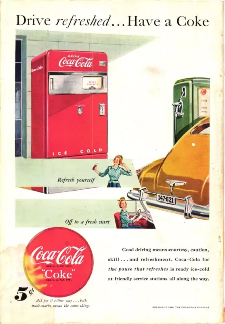 1948 Coca Cola Classic Print Ad Coke Machine Woman Driving Antique Car Auto
