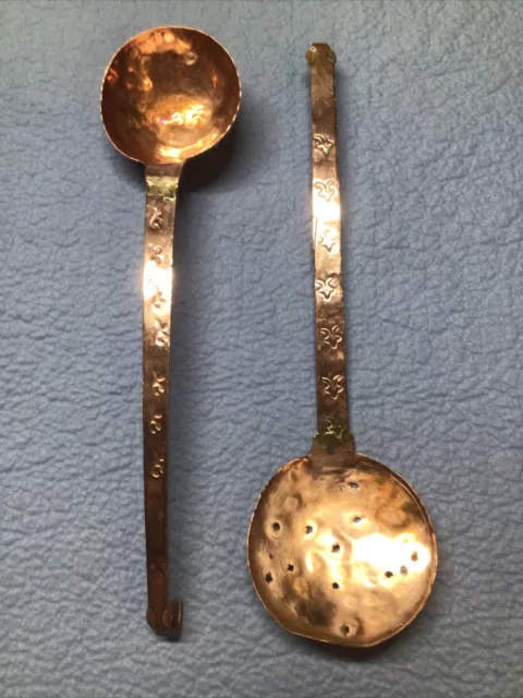 Vintage Hammered Copper & Brass Ladle And Skimmer- Set Of 2