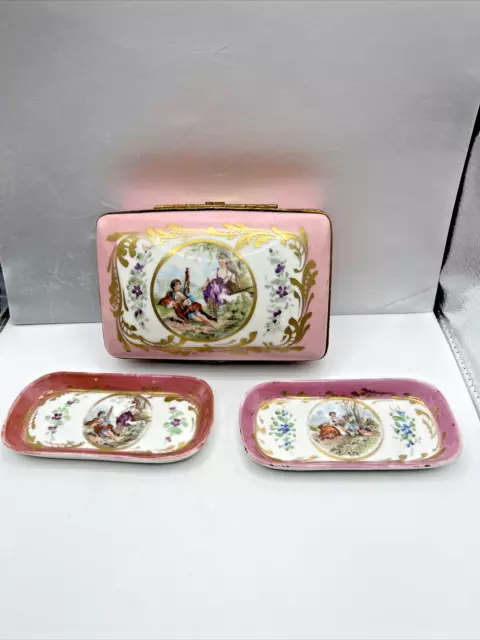 Antique French Porcelain Covered Jewelry Box & Trinket Trays Set Courting Couple