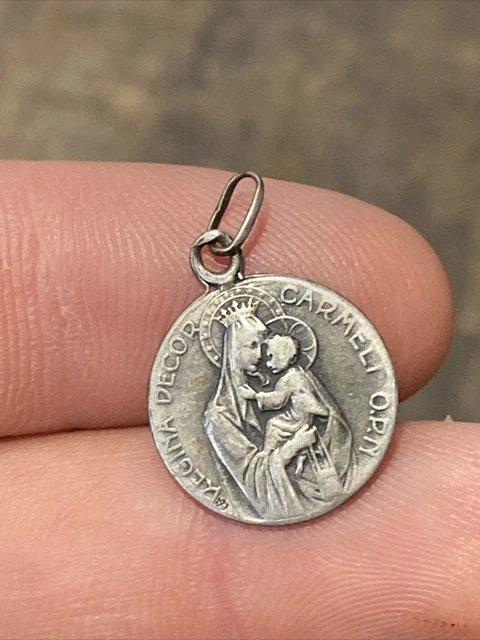 ancien pendentif en argent massif, médaille religieuse, la mère et l'enfant