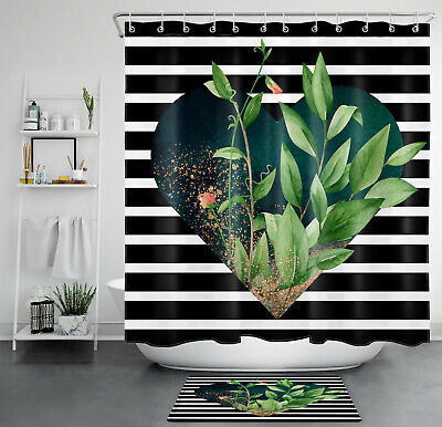Leaf Flower Shower Curtain Green Heart-shaped Black White Stripes Bathroom Set