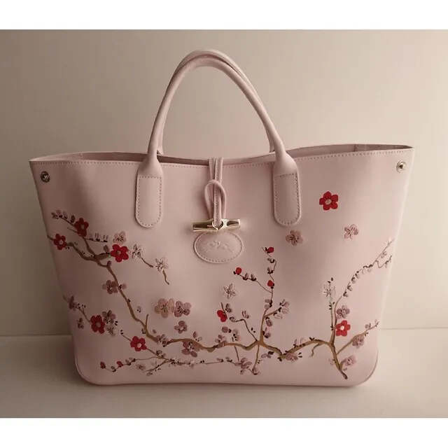 LONGCHAMP ROSEAU Tote Sakura Light Pink Cherry Blossoms embroidered Limited New