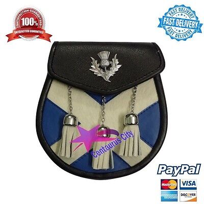 Cardo Abito Semi Kilt Sporran Bianco Bovina Cardo Crest Stemma pelle Borsa Scozzese 