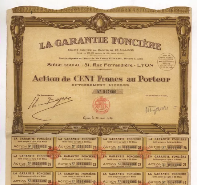 Garantie Foncière S.A. - Immobilien-Ges. - Aktie, 100 Francs, Lyon, 28.05.1929