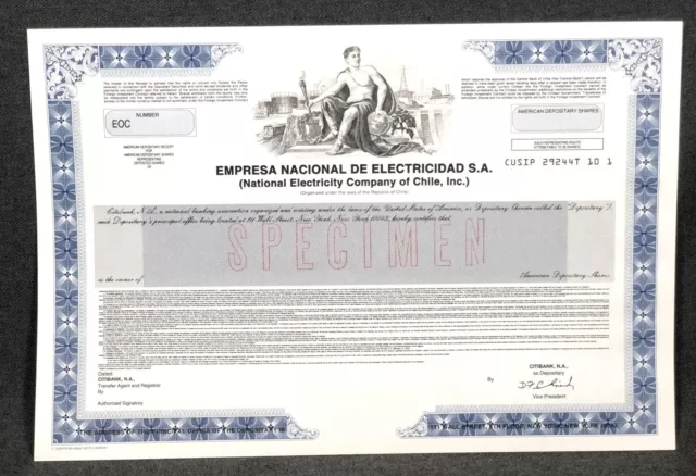National Electricity Company of Chile SPECIMEN Stock Bond Certificate Citibank