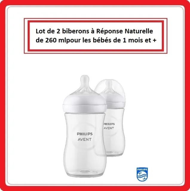Lot de 2 Biberons à Reponse Naturelle de 260 ml pour les bébés de 1 mois et +