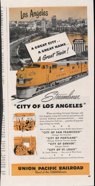 1950's Union Pacific Railroad Train "Streamliner Los Angeles" Magazine Print Ad