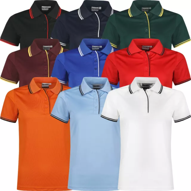 New Womens Polo Shirts Ladies Tipped Breathable Short Sleeve Anti Bacterial Top