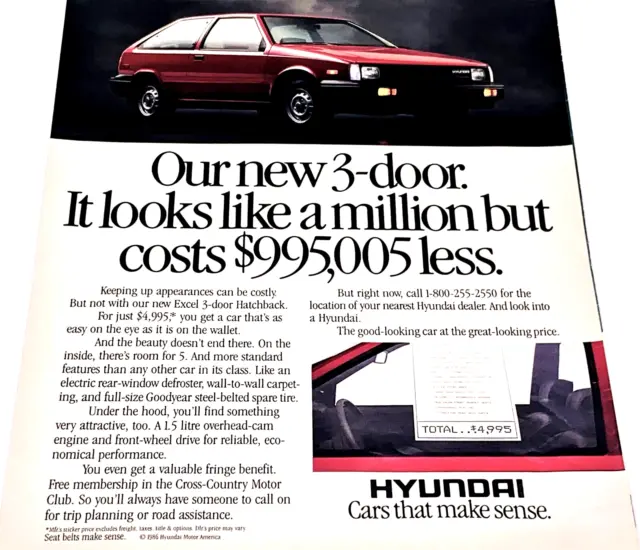 1986 Hyundai New Excel Vintage Print Ad  3 Door Hatchback Red Easy On The Wallet