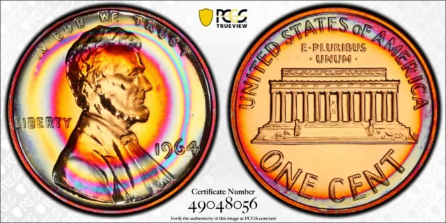 1964 TONED Lincoln Memorial Cent Proof PCGS PR68RB PF 68 RB Rainbow Toning Coin