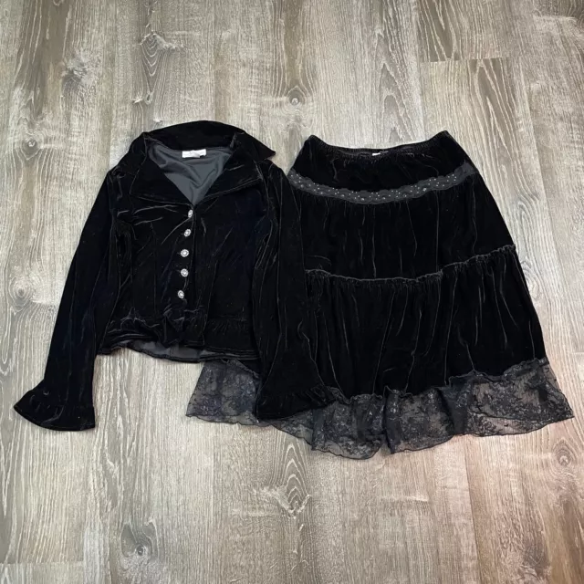 Byer Iz Girls 2-Piece Set Black Skirt Blouse Velour Button Top Pull On Size L