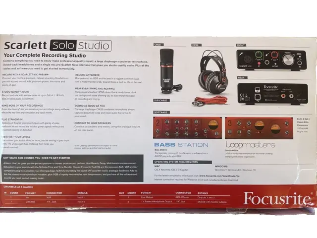 Focusrite Scarlett Solo Studio - 2da generación - ¡COMPLETO! Micrófono + auriculares + cables