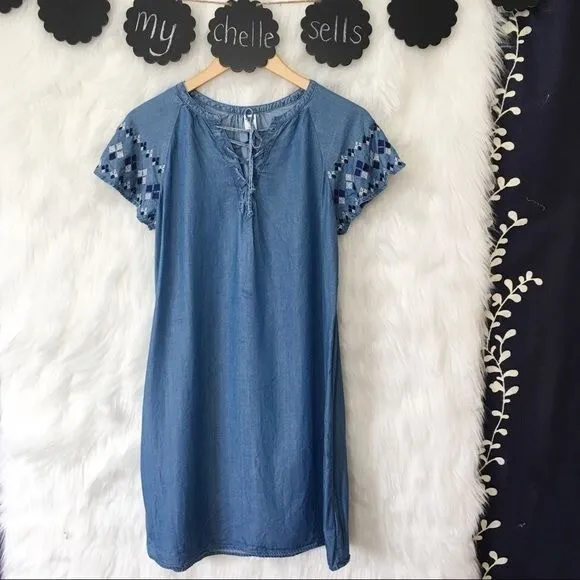 OLD NAVY Womens Size Small Blue Cotton Lace Up Medium Wash Chambray Dress