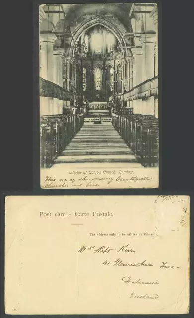 India 1908 Old Postcard Interior of Colaba Church, Bombay, Stained Glass Windows