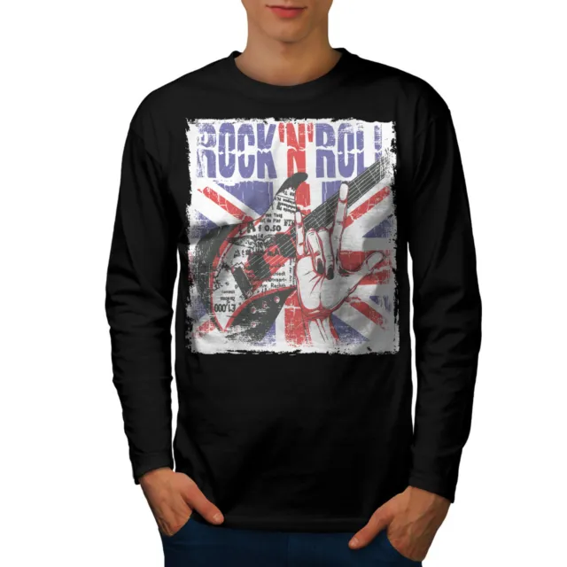 T-shirt Wellcoda Rock Roll UK Metal da uomo a maniche lunghe, design grafico chitarra