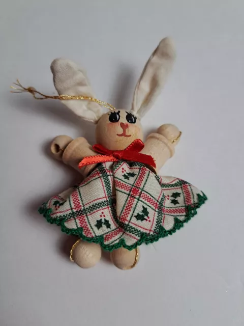 Hand-made Vintage Wooden Rabbit With Plaid Skirt Ornament Cottage Core Farmhouse