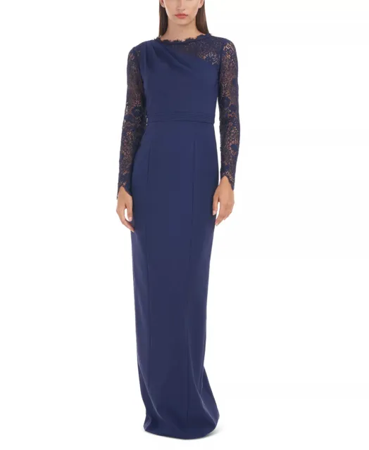 JS Collections Evening Gown Size 6 Navy Asymmetric Lace Sleeve NWOT $298
