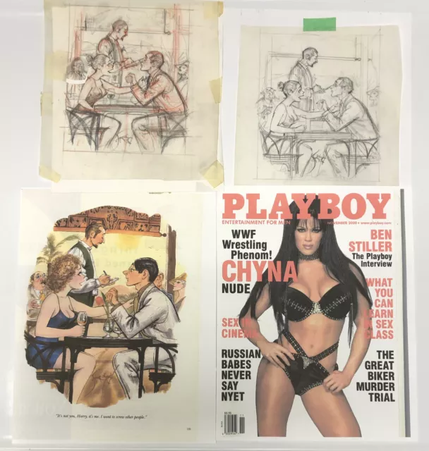 Set of 2 Doug Sneyd Signed Original Art Sketch Gag Roughs ~ Playboy Nov 2000