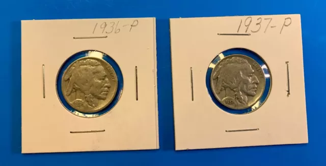 2 Buffalo Nickel 5 Cent Coin Lot 1936 P 1937 P United States of America USA 🇺🇸