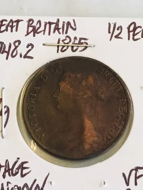 1865 Great Britain Queen Victoria Half Penny (1/2) Bronze Coin Km# 748.2 Lqqk