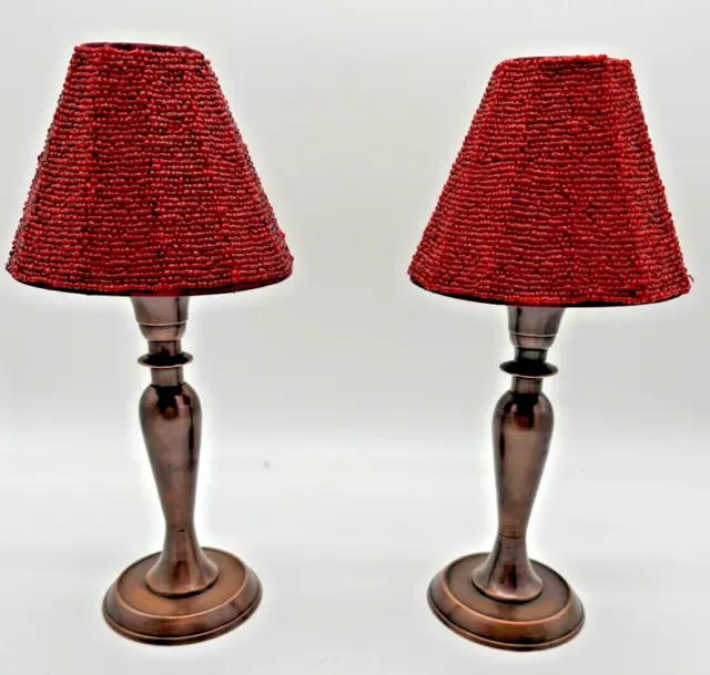 Pair Tea Light AGED BRONZE Candlestick with Hand Beaded BURGUNDY Shade