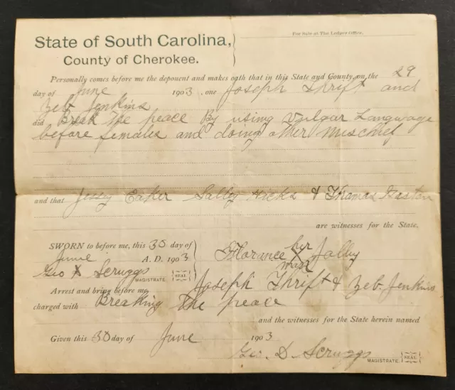 1903 antique ARREST WARRANT cherokee co sc JENKINS THRIFT scruggs VULGAR LANGUAG