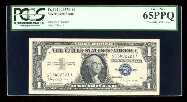 DBR $1 1957-B Silver Fr. 1621 SA Block Gem PCGS 65 PPQ Serial S16402221A