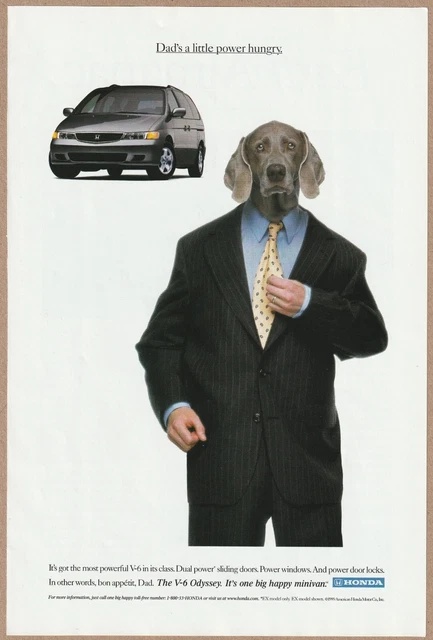 1999 Honda Odyssey Dad Dog Vintage Print Ad Weimaraner Dad's a Bit Power Hungry