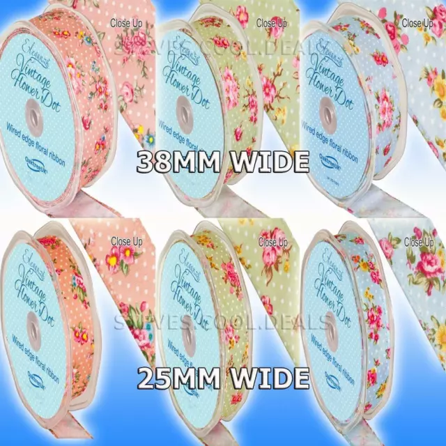 Ribbon 25mm & 38mm Luxury Wired Vintage Flower Dot Ribbons Pinks Blues green