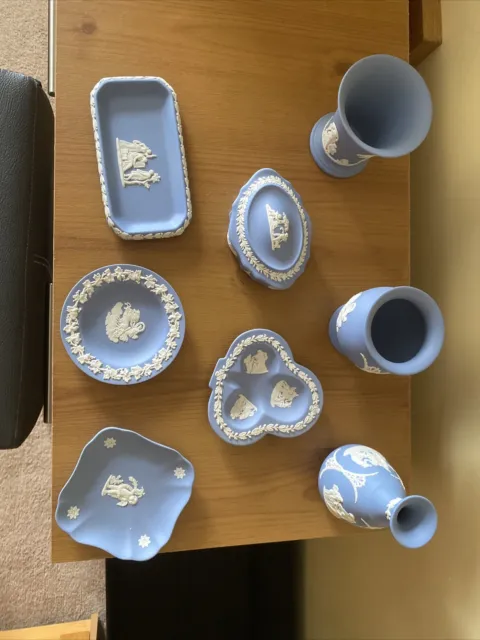 wedgwood jasper ware, Light blue 8 Pieces, White On Blue, made in England.