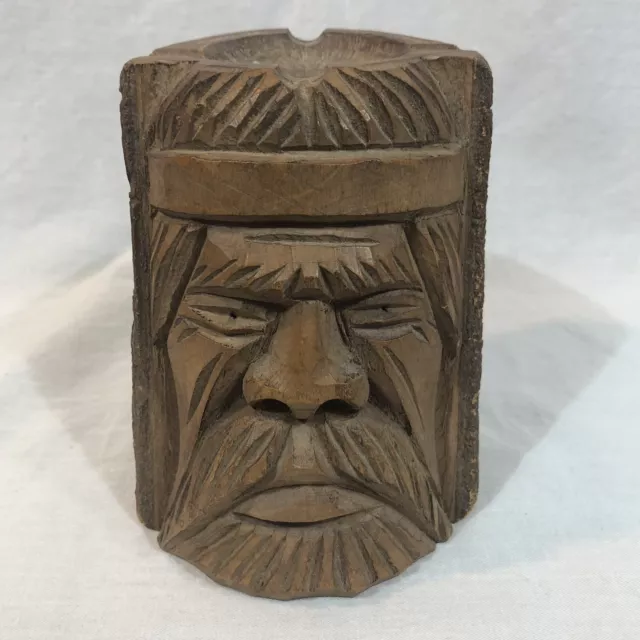 Vintage Hand Carved Face Man Wood Old Sculpture Wooden Folk Art Ashtray Figure