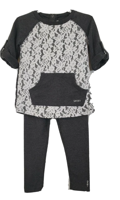 DKNY Kids 2 Piece Outfit 4T Gray Top with Lace Matching Leggings Stretch Knit