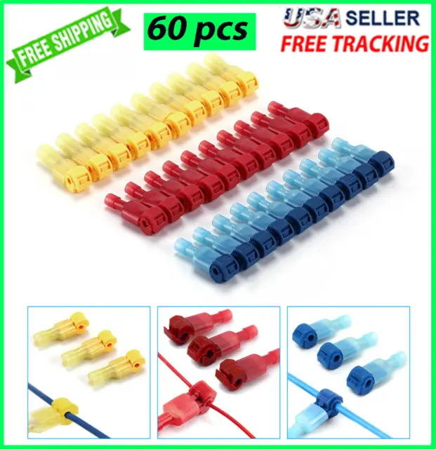 60pcs T-Taps Wire Terminal Connectors Insulated 22-10 AWG Quick Splice Combo Kit
