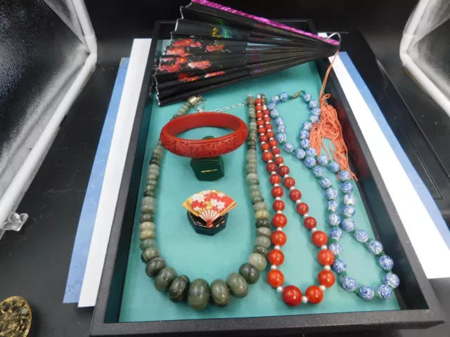 Beautiful lot estate Oriental cinnabar fan necklaces gemstones' signed pin